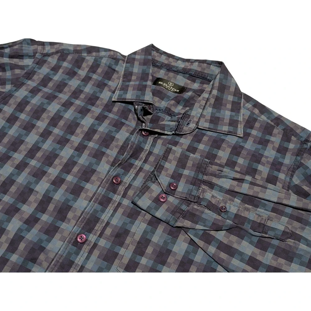 Bugatchi Button Down‎ Shirt Mens XL Blue Purple Check Uomo Cotton Long Sleeve
